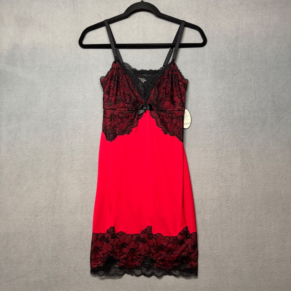 Soma Cool Nights Lace Trim Chemise Nightgown XS Red Black Mini Short 570024941